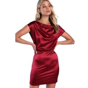 NWT Lulus Utter Obsession Burgundy Satin Boat Neck Mini Dress Size Small